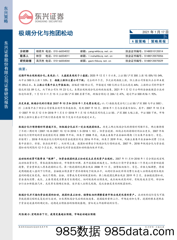 2021-01-18_策略报告_A股策略周报：极端分化与抱团松动_东兴证券