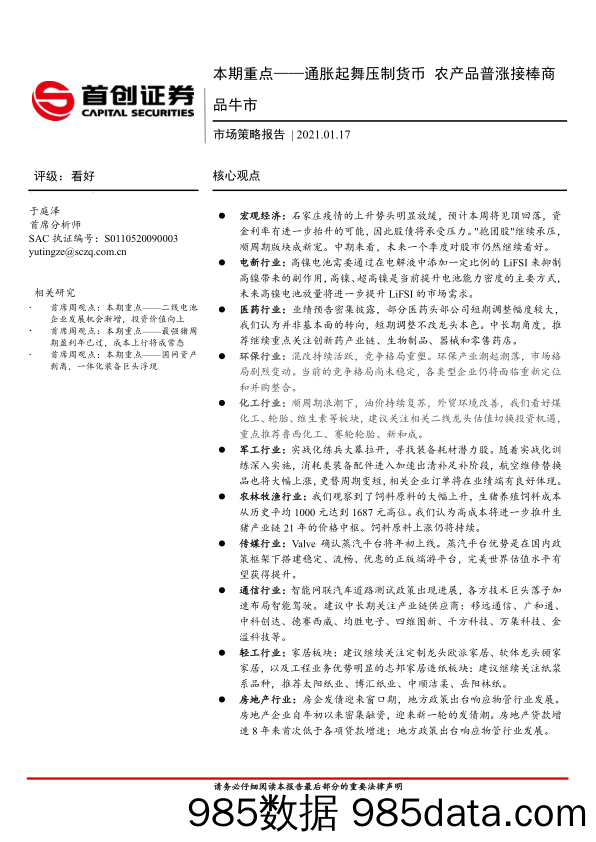 2021-01-18_策略报告_市场策略报告：本期重点——通胀起舞压制货币 农产品普涨接棒商品牛市_首创证券