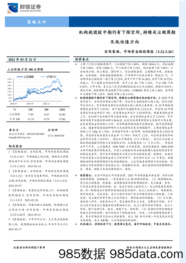 2021-03-22_策略报告_宏观策略、市场资金跟踪周报：机构抱团股中期仍有下探空间，持续关注顺周期及低估值方向_财信证券