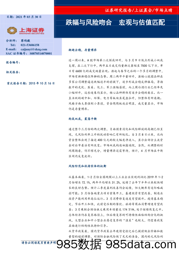 2021-03-31_策略报告_市场点睛：跌幅与风险吻合 宏观与估值匹配_上海证券