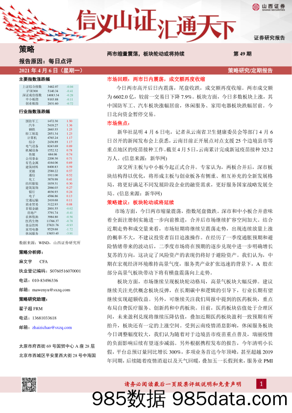 2021-04-07_策略报告_每日点评第49期：两市缩量震荡，板块轮动或将持续_山西证券