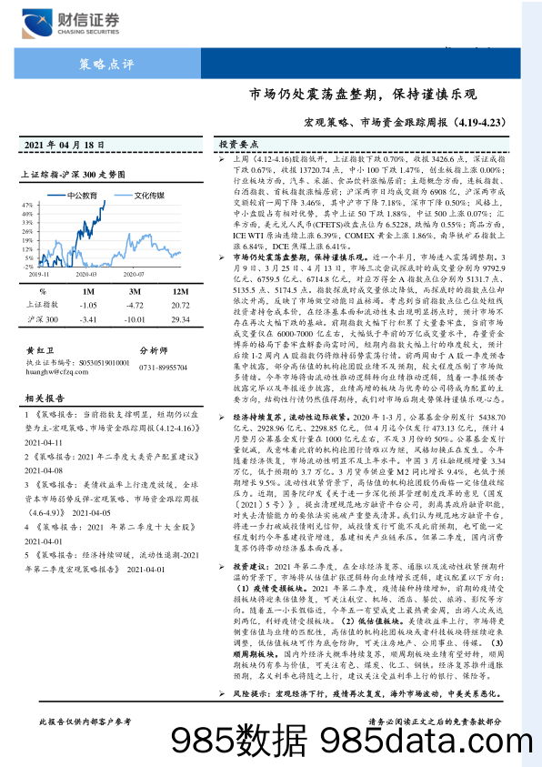 2021-04-20_策略报告_宏观策略、市场资金跟踪周报：市场仍处震荡盘整期，保持谨慎乐观_财信证券