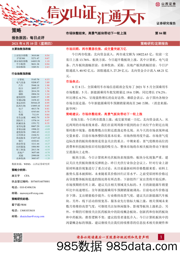 2021-06-11_策略报告_每日点评第84期：市场休整结束，高景气板块带动下一轮上涨_山西证券