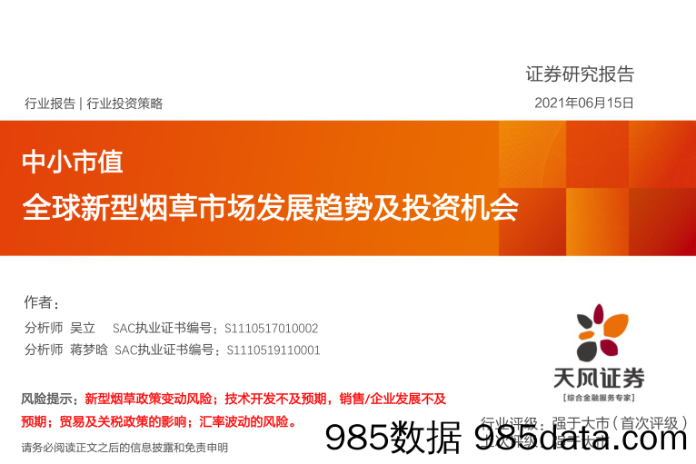 2021-06-16_策略报告_中小市值：全球新型烟草市场发展趋势及投资机会_天风证券