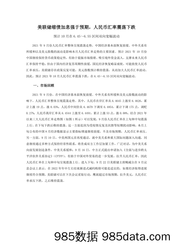 2021-10-11_策略报告_美联储缩债加息强于预期，人民币汇率震荡下跌_北大国民经济研究中心