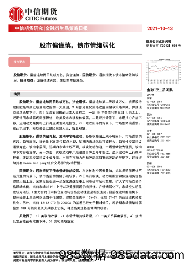 2021-10-13_策略报告_金融衍生品策略日报：股市偏谨慎，债市情绪弱化_中信期货