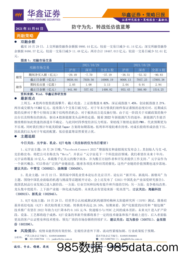 2021-11-01_策略报告_策略日报：防守为先，转战低估值蓝筹_华鑫证券