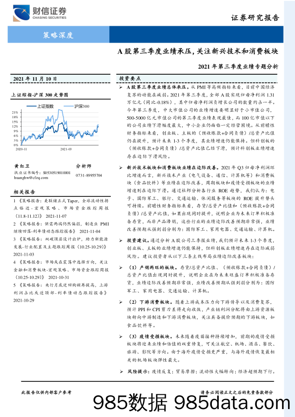 2021-11-11_策略报告_2021年第三季度业绩专题分析：A股第三季度业绩承压，关注新兴技术和消费板块_财信证券