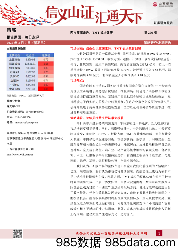 2022-02-09_策略报告_每日点评第206期：两市震荡走升，TMT板块回暖_山西证券