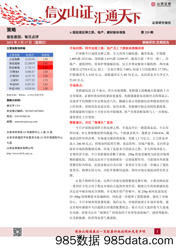 2022-03-17_策略报告_每日点评第229期：A股延续反弹之势，地产、建材板块领涨_山西证券