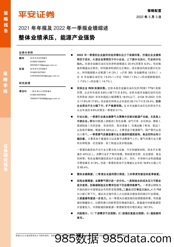 2022-05-06_策略报告_2021年年报及2022年一季报业绩综述：整体业绩承压，能源产业强势_平安证券