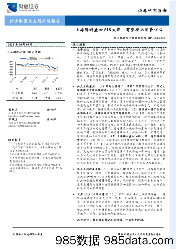 行业配置及主题跟踪周报：上海解封叠加618大促，有望提振消费信心_财信证券插图