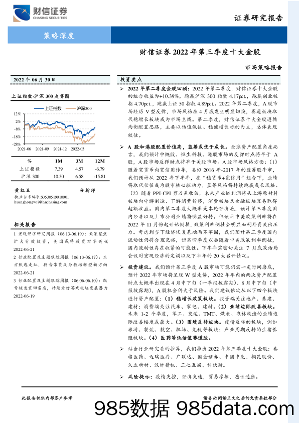 市场策略报告：2022年第三季度十大金股_财信证券插图