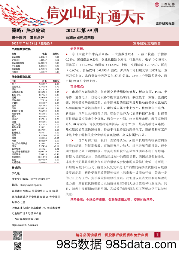 每日点评2022年第59期：前期热点迅速回暖_山西证券