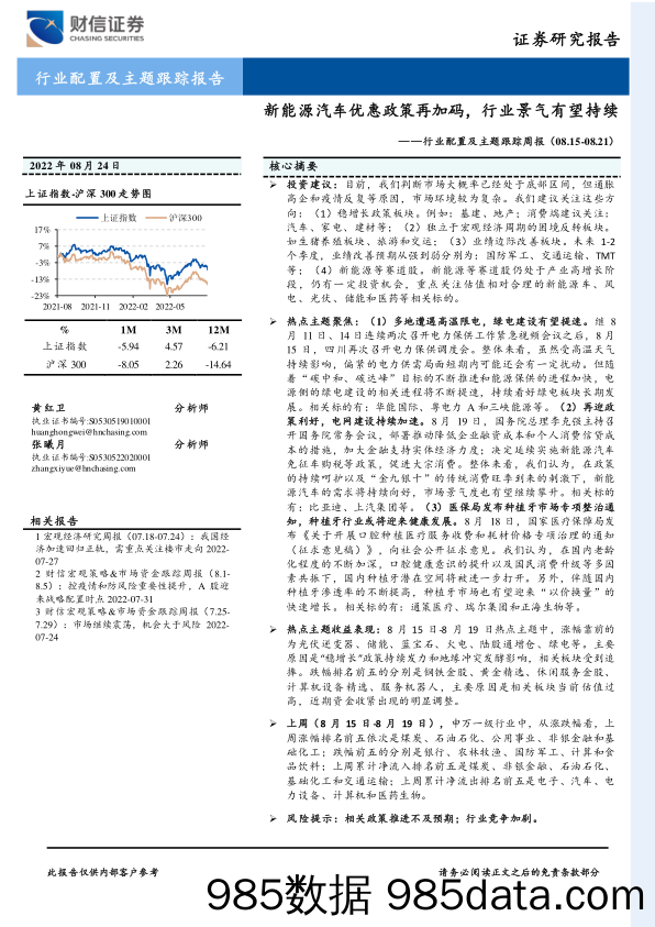 行业配置及主题跟踪周报：新能源汽车优惠政策再加码，行业景气有望持续_财信证券