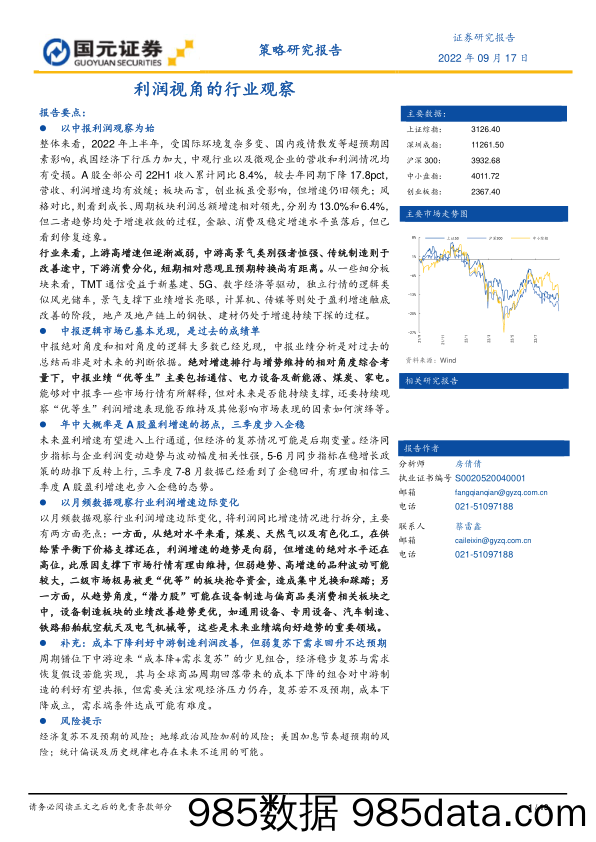 策略研究报告：利润视角的行业观察_国元证券