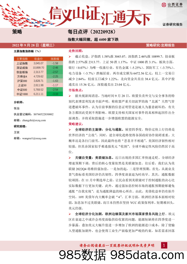 每日点评：指数大幅回撤，超4400家下跌_山西证券