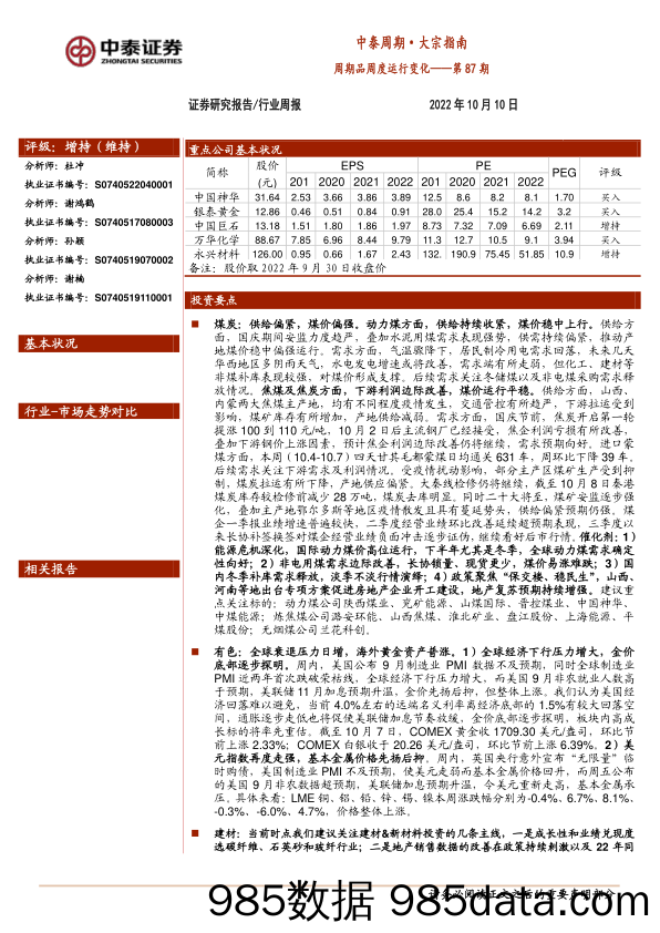 中泰周期·大宗指南：周期品周度运行变化——第87期_中泰证券