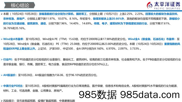 中外股票估值追踪及对比：全市场与各行业估值跟踪_太平洋证券插图2