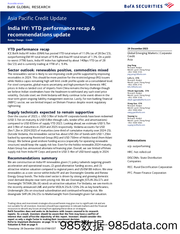 BofA Global Research-Asia Pacific Credit Update India HY YTD performance recap ...-105608730