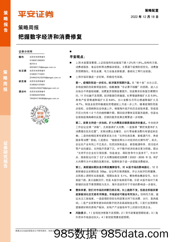 策略周报：把握数字经济和消费修复_平安证券