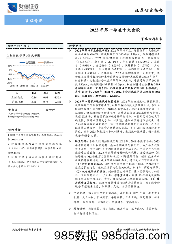 策略专题报告：2023年第一季度十大金股_财信证券