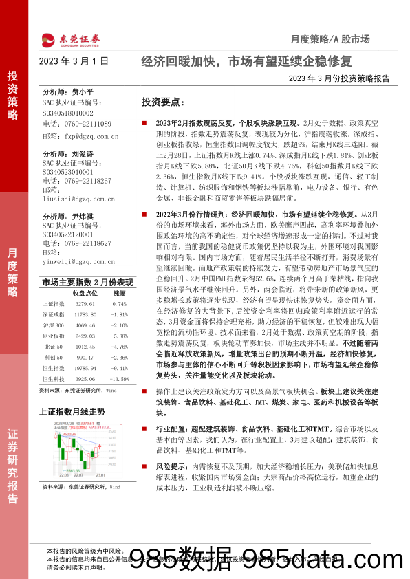 2023年3月份投资策略报告：经济回暖加快，市场有望延续企稳修复_东莞证券