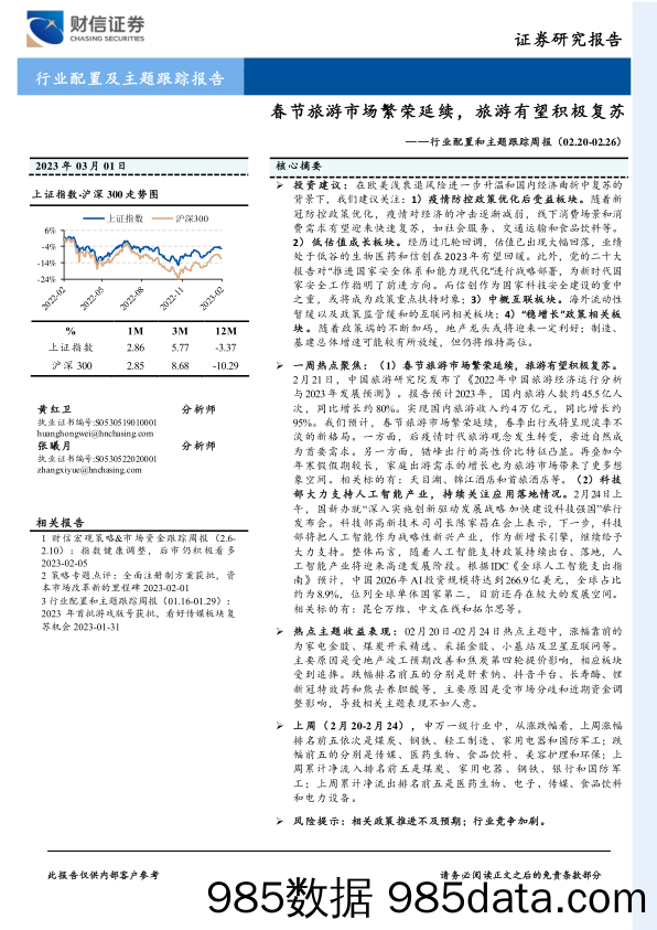 行业配置和主题跟踪周报：春节旅游市场繁荣延续，旅游有望积极复苏_财信证券插图