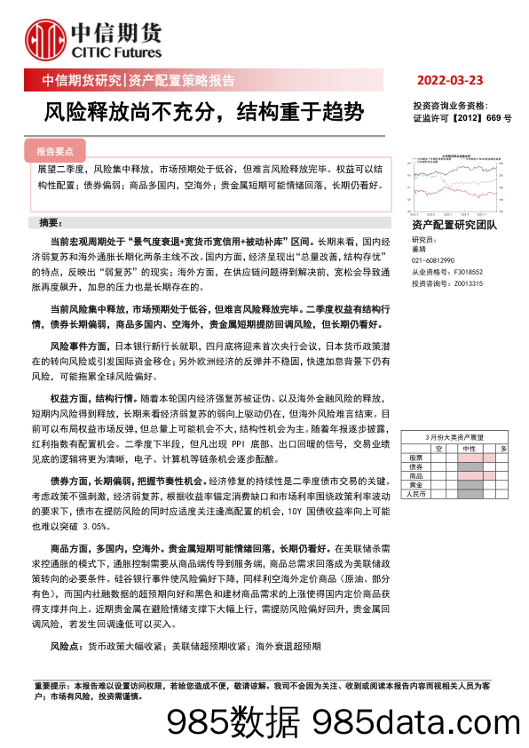 资产配置策略报告：风险释放尚不充分，结构重于趋势_中信期货