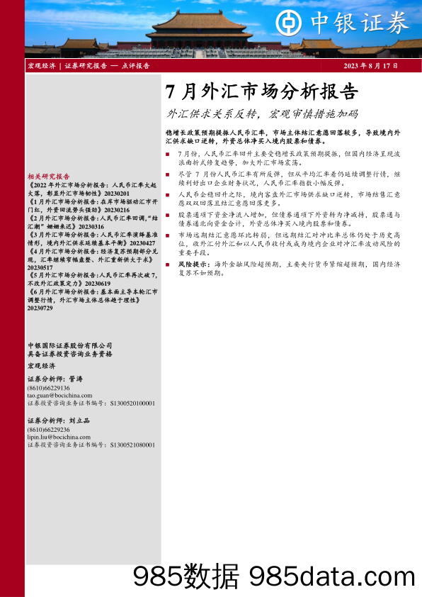 7月外汇市场分析报告：外汇供求关系反转，宏观审慎措施加码_中银国际证券