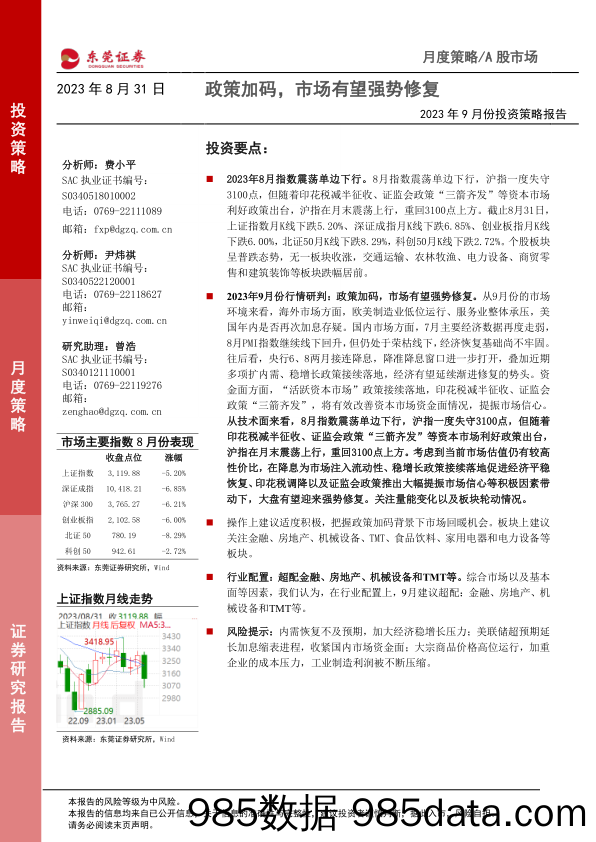 2023年9月份投资策略报告：政策加码，市场有望强势修复_东莞证券