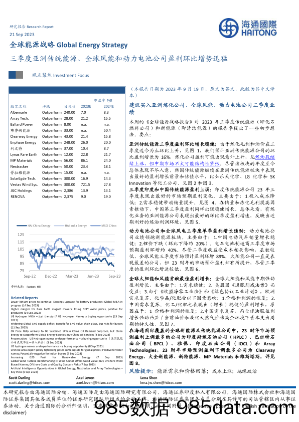 三季度亚洲传统能源、全球风能和动力电池公司盈利环比增势迅猛_海通国际证券集团