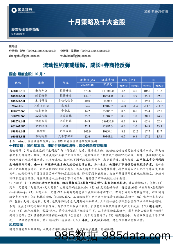 十月策略及十大金股：流动性约束或缓解，成长+券商抢反弹_国金证券