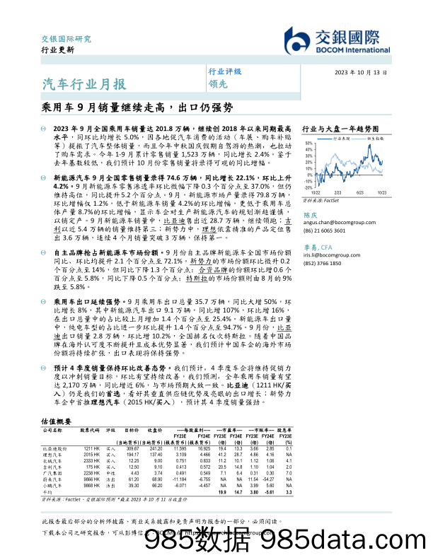 汽车行业月报：乘用车9月销量继续走高，出口仍强势_交银国际证券