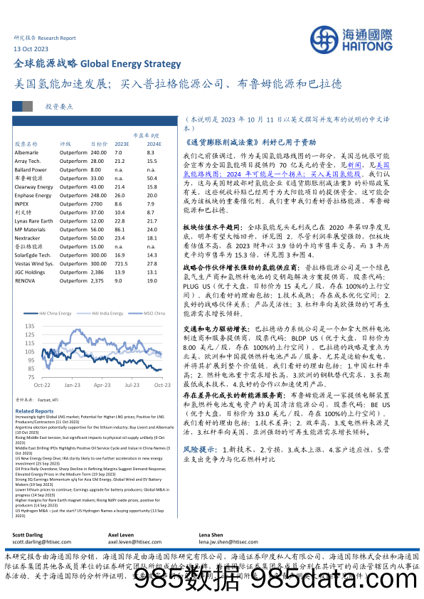 全球能源战略：美国氢能加速发展；买入普拉格能源公司、布鲁姆能源和巴拉德_海通国际证券集团