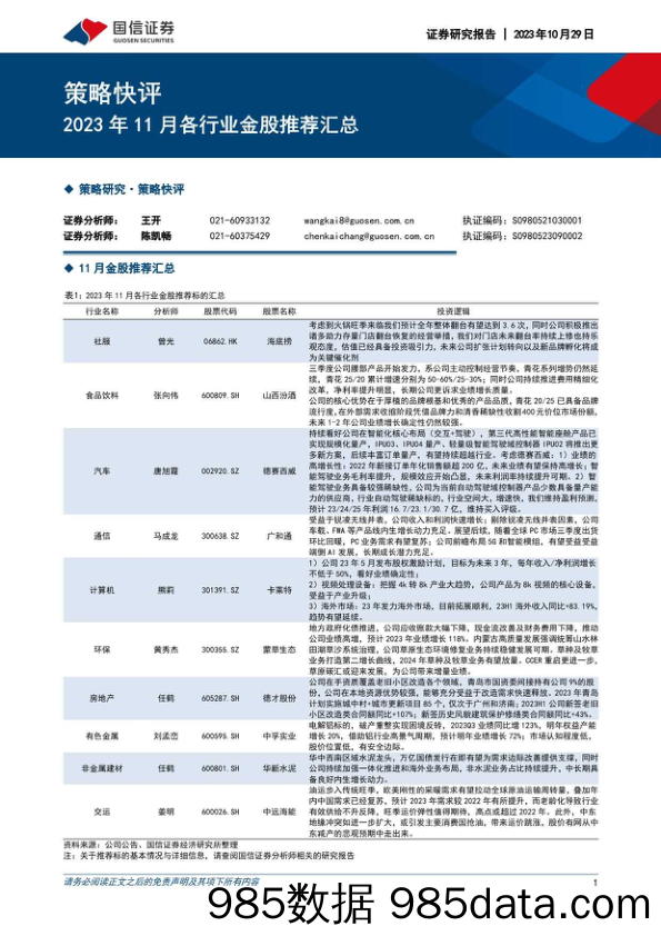 2023年11月各行业金股推荐汇总_国信证券