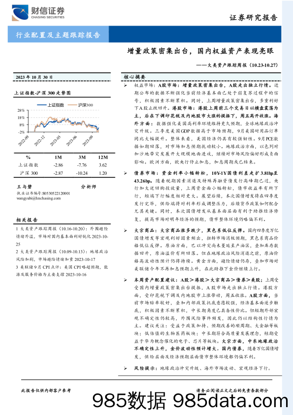 大类资产跟踪周报：增量政策密集出台，国内权益资产表现亮眼_财信证券