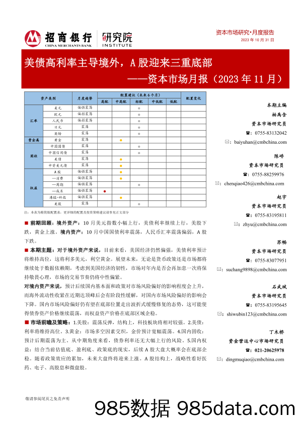 资本市场月报（2023年11月）：美债高利率主导境外，A股迎来三重底部_招商银行