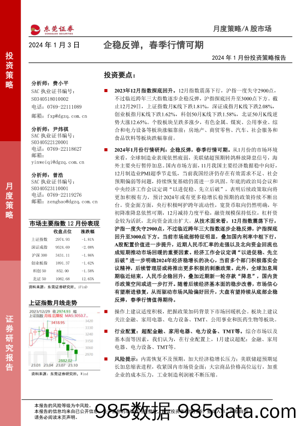 2024年1月份A股投资策略报告：企稳反弹，春季行情可期_东莞证券