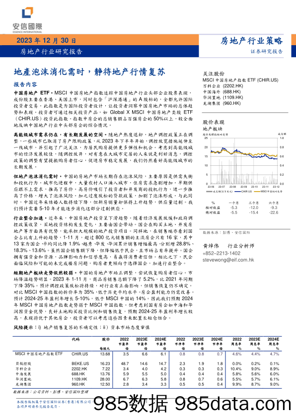 地产行业研究报告：地產泡沫消化需时，静待地产行情复苏_安信国际证券(香港)