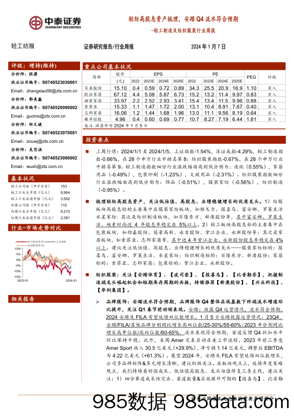 轻工制造及纺织服装行业周报：轻纺高股息资产梳理，安踏Q4流水符合预期_中泰证券