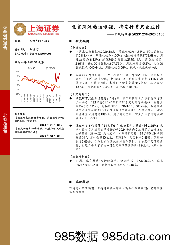 北交所周报：北交所流动性增强，将发行首只企业债_上海证券