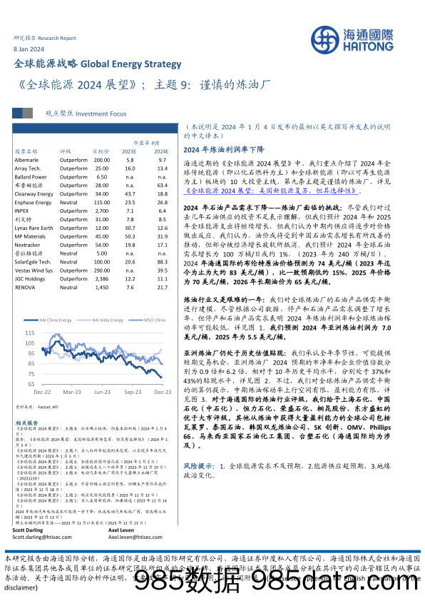 全球能源战略：《全球能源2024展望》；主题9：谨慎的炼油厂_海通国际证券集团