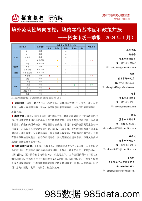 资本市场一季报（2024年1月）：境外流动性转向宽松，境内等待基本面和政策共振_招商银行