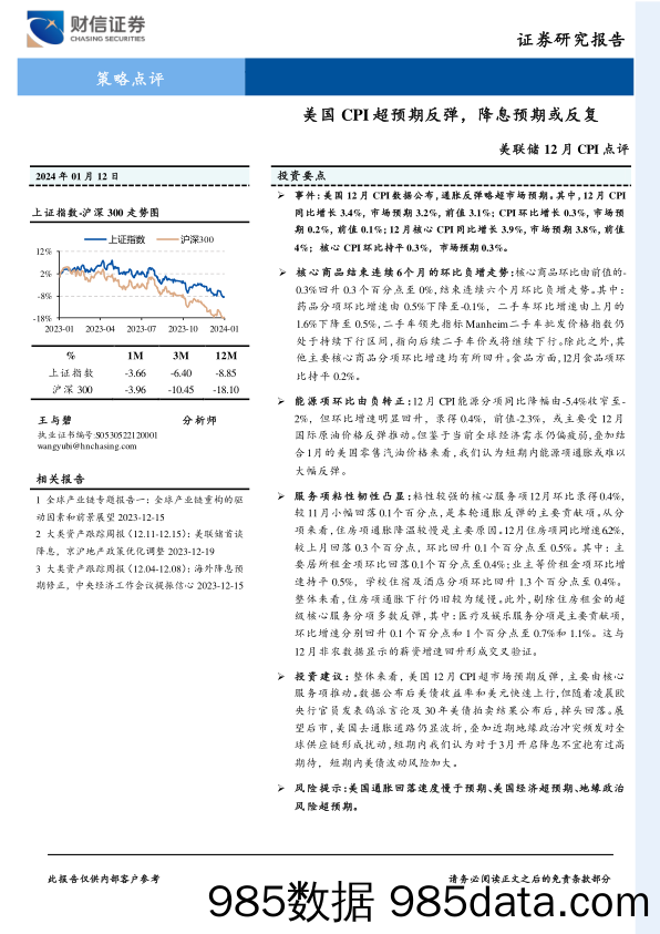 美联储12月CPI点评：美国CPI超预期反弹，降息预期或反复_财信证券