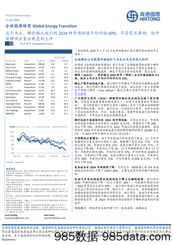 全球能源转型：迄今为止，锂价格比我们的2024财年预测值平均约低60%；尽管需求强劲，但中国锂供应量出现急剧上升_海通国际证券集团