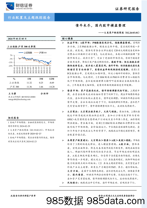 大类资产跟踪周报：债牛未尽，国内股市横盘整理_财信证券