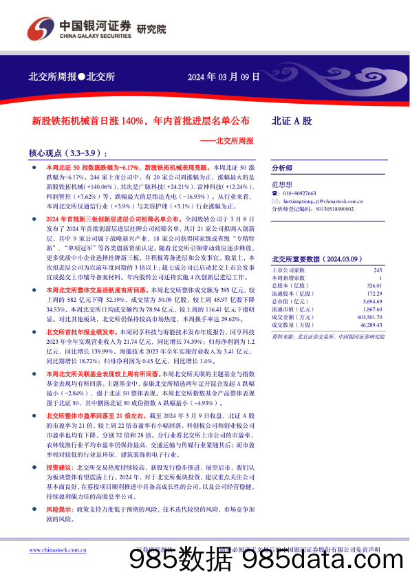 北交所周报：新股铁拓机械首日涨140%，年内首批进层名单公布_中国银河证券