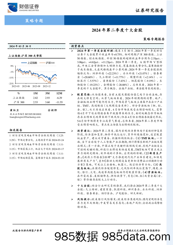 策略专题报告：2024年第二季度十大金股_财信证券