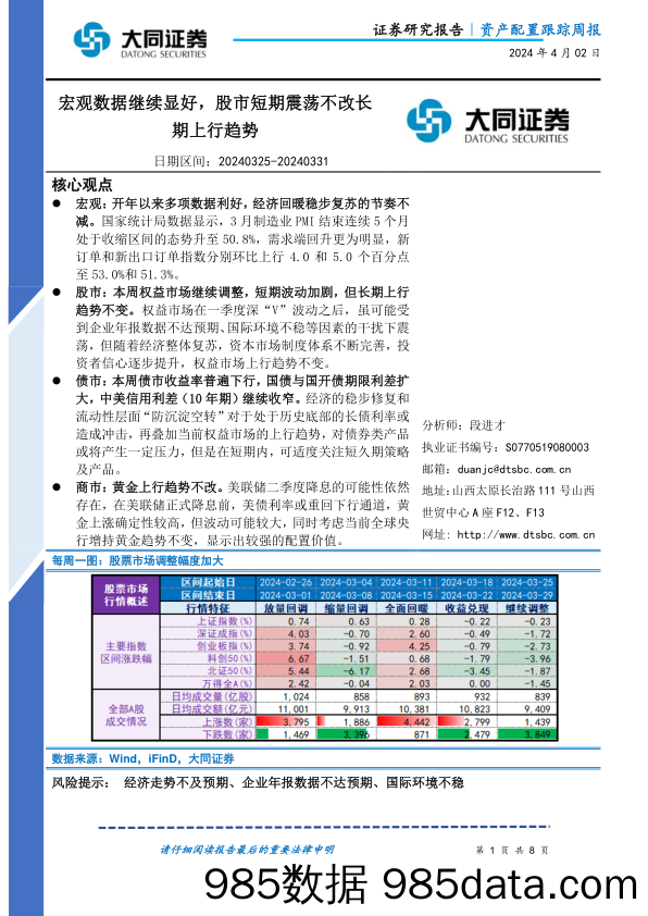 资产配置跟踪周报：宏观数据继续显好，股市短期震荡不改长期上行趋势_大同证券